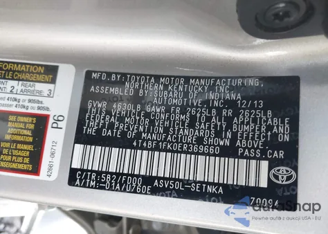 2014 Toyota Camry L из США, поврежденный, VIN 4T4BF1FK0ER369660